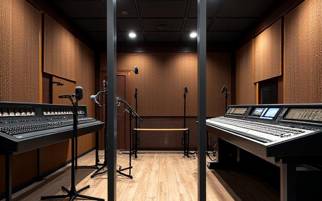 Interior del estudio Bronze Flux con equipo de grabación de estilo industrial.