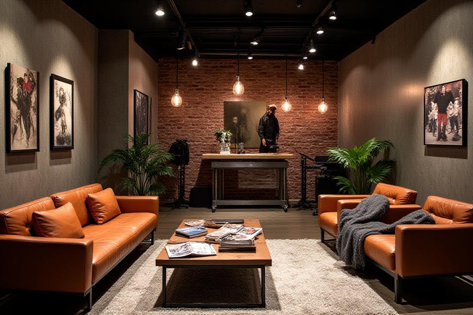 Área de descanso y sala de espera de Bronze Flux con decoración industrial chic.