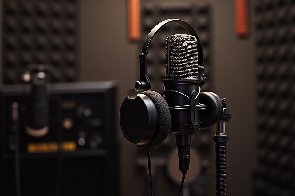 Cabina de grabación vocal insonorizada del estudio, con micrófono de condensador y auriculares.