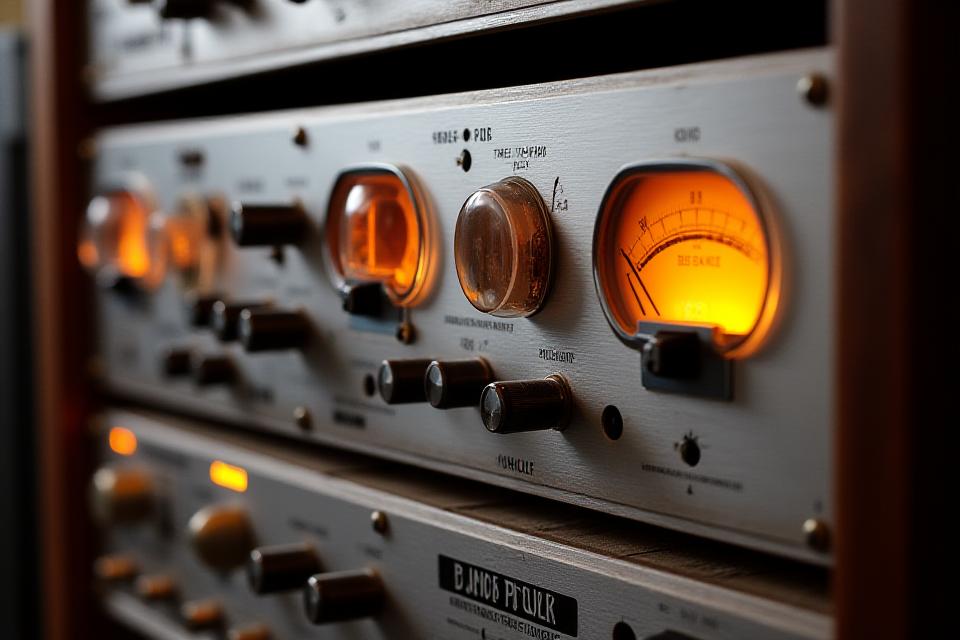 Detalle del equipo de audio vintage y moderno en el estudio, preamplificadores y compresores.