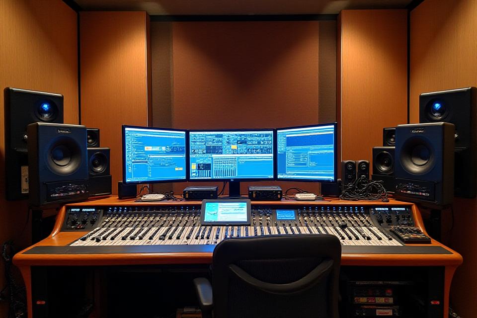 Sala de control principal de Bronze Flux, con consola de mezclas y monitores de estudio.