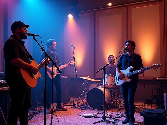 Banda 'Andes Fusion' tocando en un estudio de grabación con iluminación ambiental.