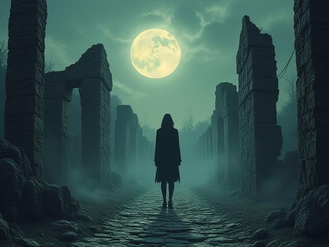 Diseño para un drama de audio 'El Susurro de las Ruinas' con una figura sombría en un paisaje antiguo.