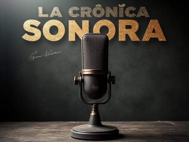 Portada del podcast 'La Crónica Sonora' con un micrófono vintage y tipografía grunge.