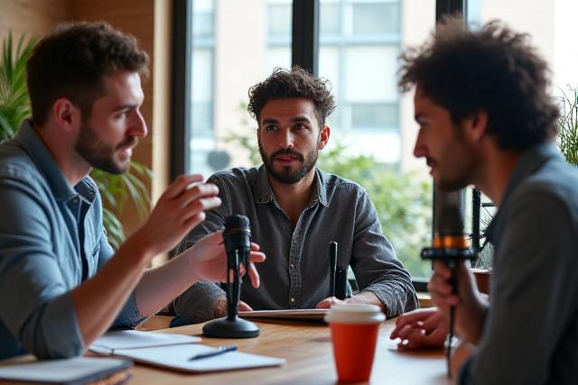 Grupo de personas colaborando en una sesión de lluvia de ideas para un podcast, con micrófonos y notas en la mesa