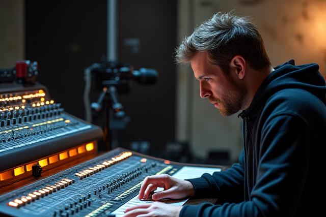 Ingeniero de sonido trabajando en una consola de mezcla avanzada con micrófonos de estudio