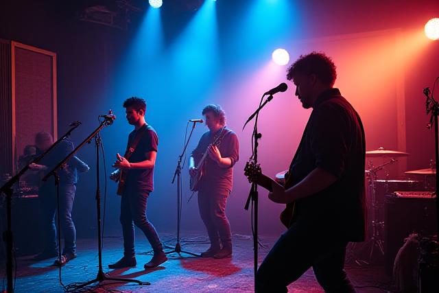 Banda de músicos tocando en un estudio de grabación con luces ambientales y equipo profesional