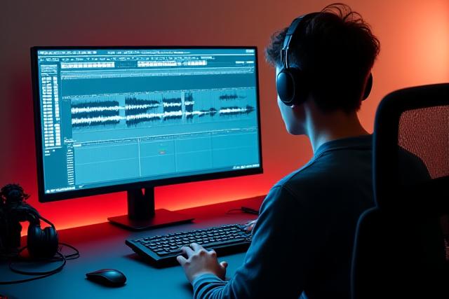 Técnico de audio editando ondas sonoras en una pantalla de computadora con software de edición de audio